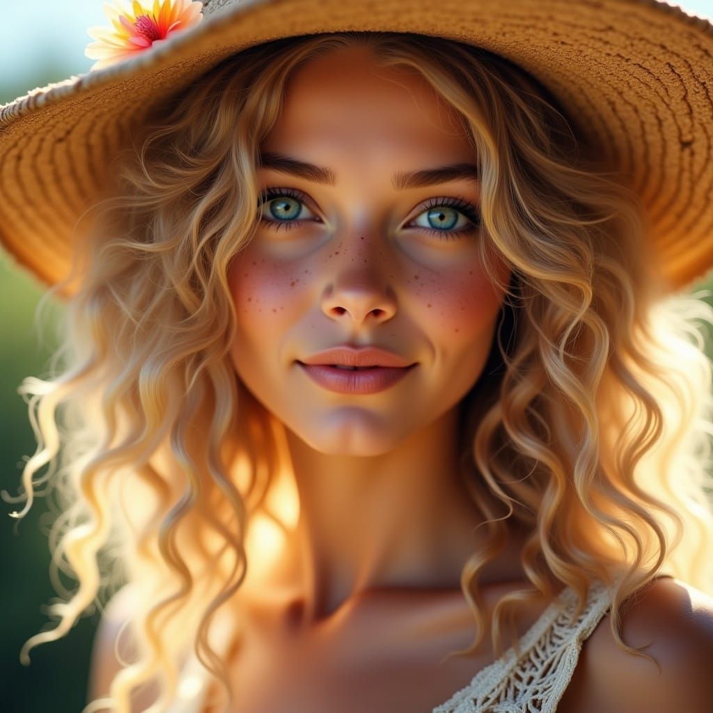 Pretty Woman in Straw Hat, Hyperrealistic Portrait