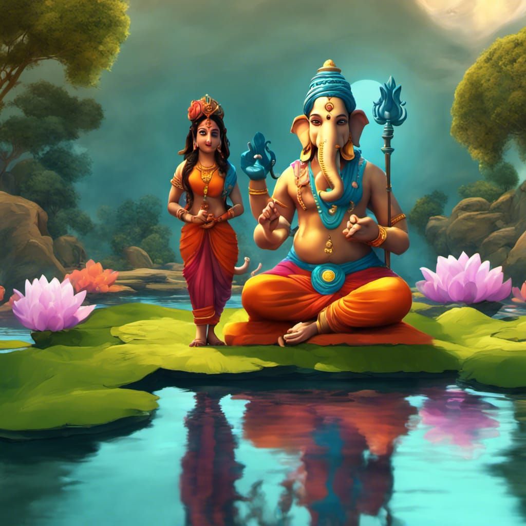 Lord Ganesha with Shiva and Parvati in 3D Style
