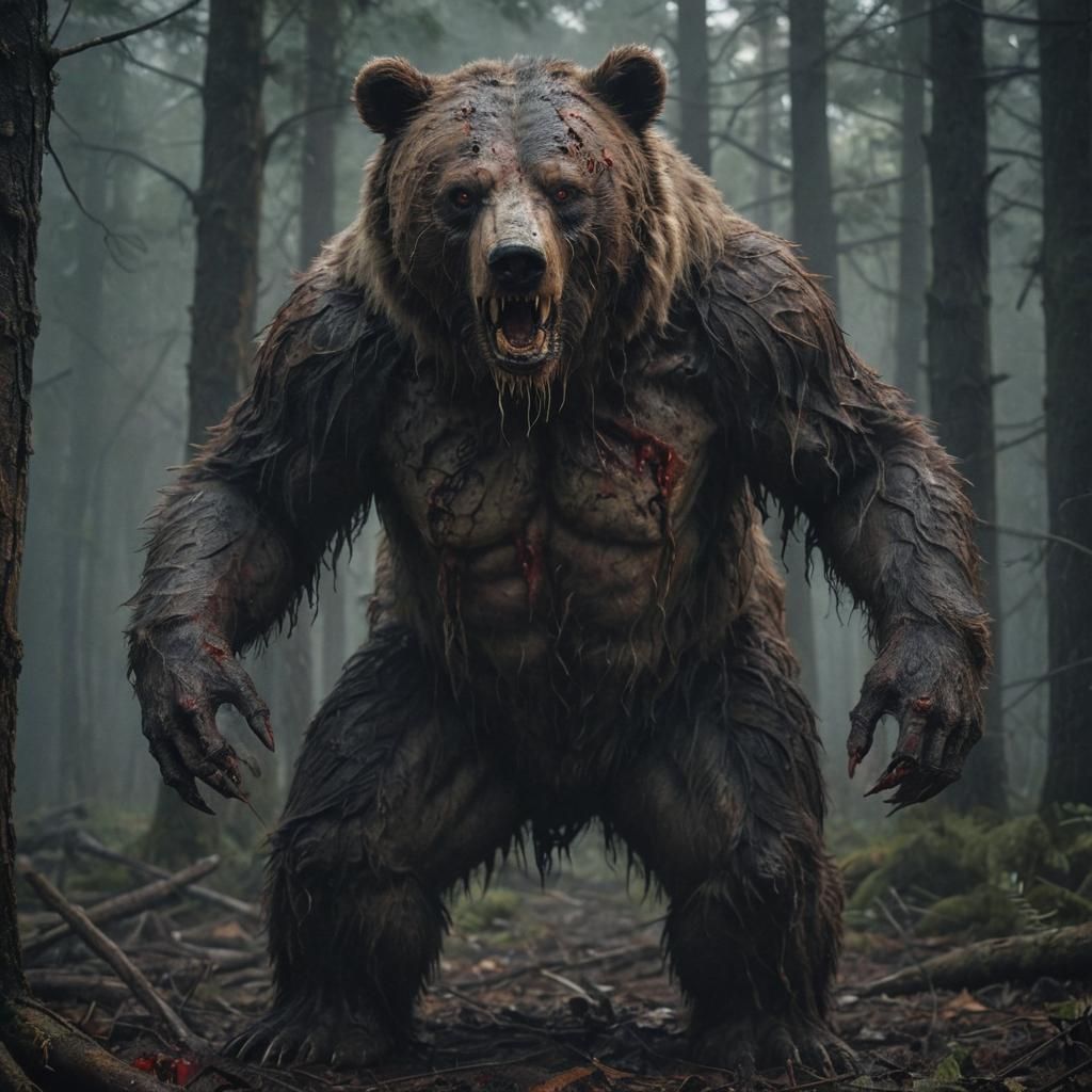 A hyperrealistic photo of a massive, Zombie bear with tattered, patchy fur and decaying, rotted flesh. The bear's eyes a...