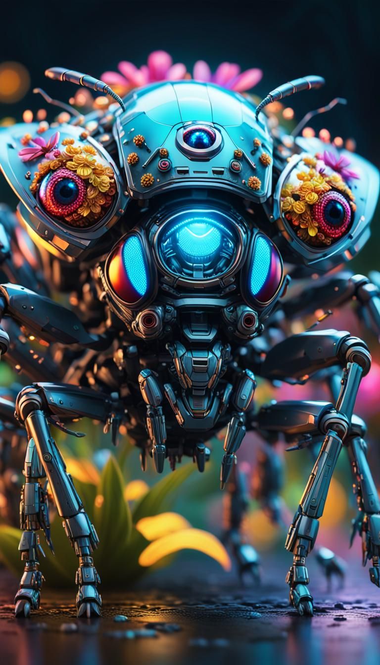 Futuristic Bloom: Radiant Insects Illuminate a Floral Tapest...
