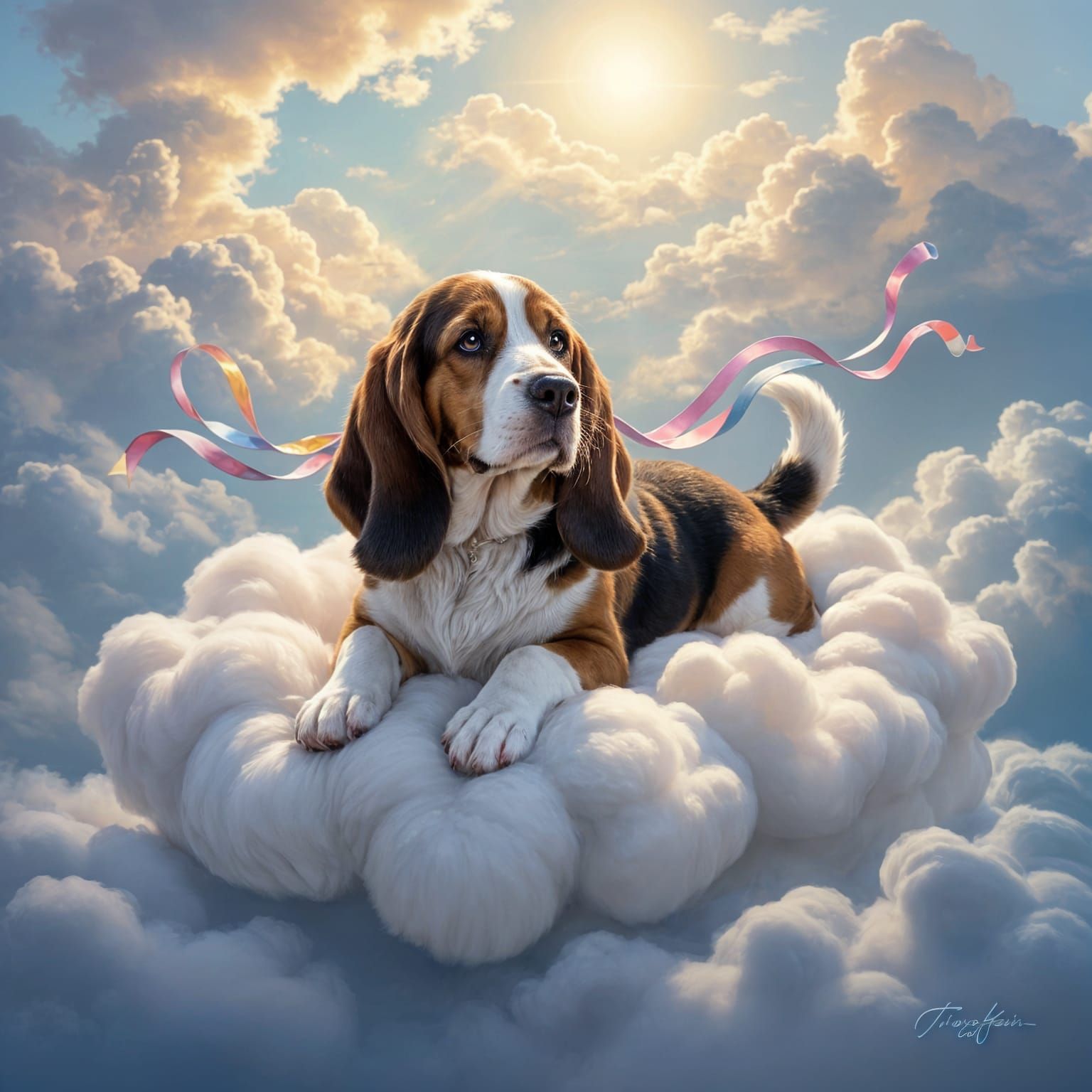 Basset Hound on Cloud, Ethereal Fantasy Painting