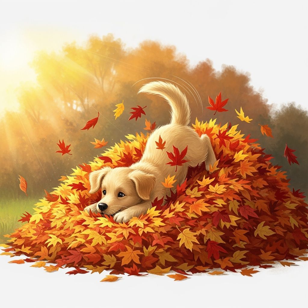Golden Retriever Puppy Dives into Autumn Leaves