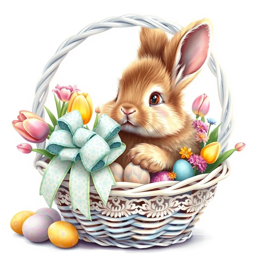 Fantasy Easter Bunny in Vintage Wicker Basket with Tulips an...