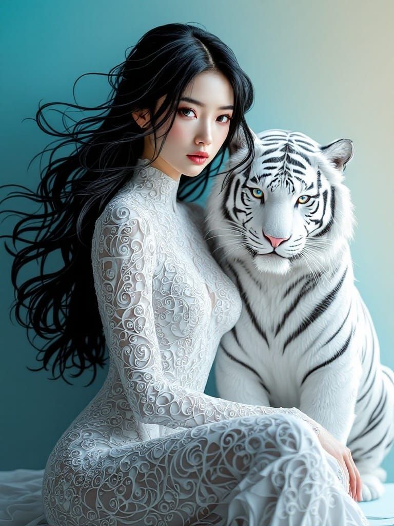 East Asian Woman in Papercraft Bodysuit