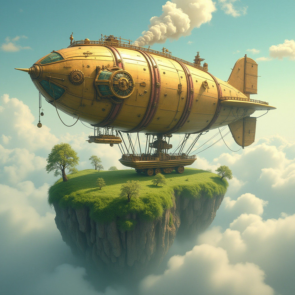 Steampunk Zeppelin Over Cloud Island, Vintage Style