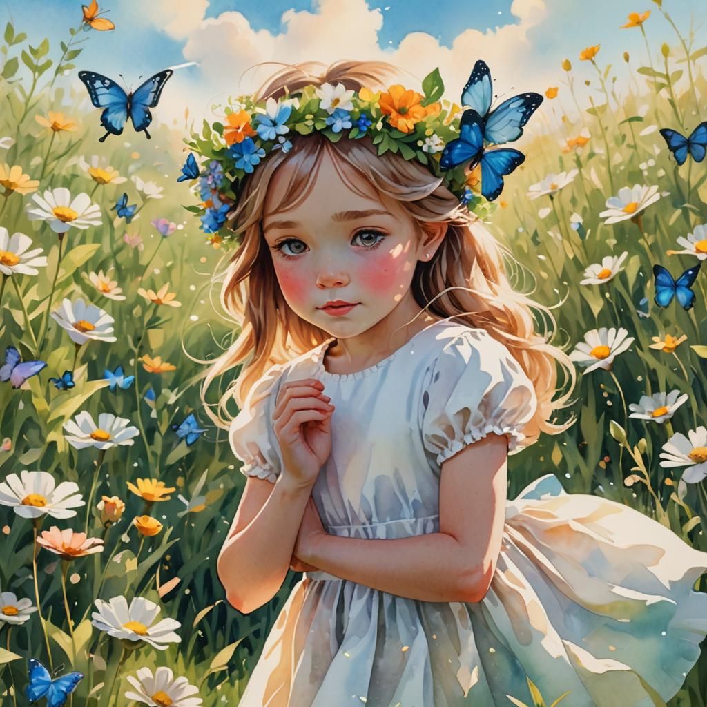 Little Girl with Floral Crown in Watercolor Cartoon