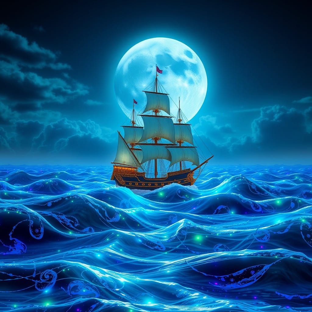 Ethereal Sailing Ship on a Glowing, Bioluminescent Ocean at...
