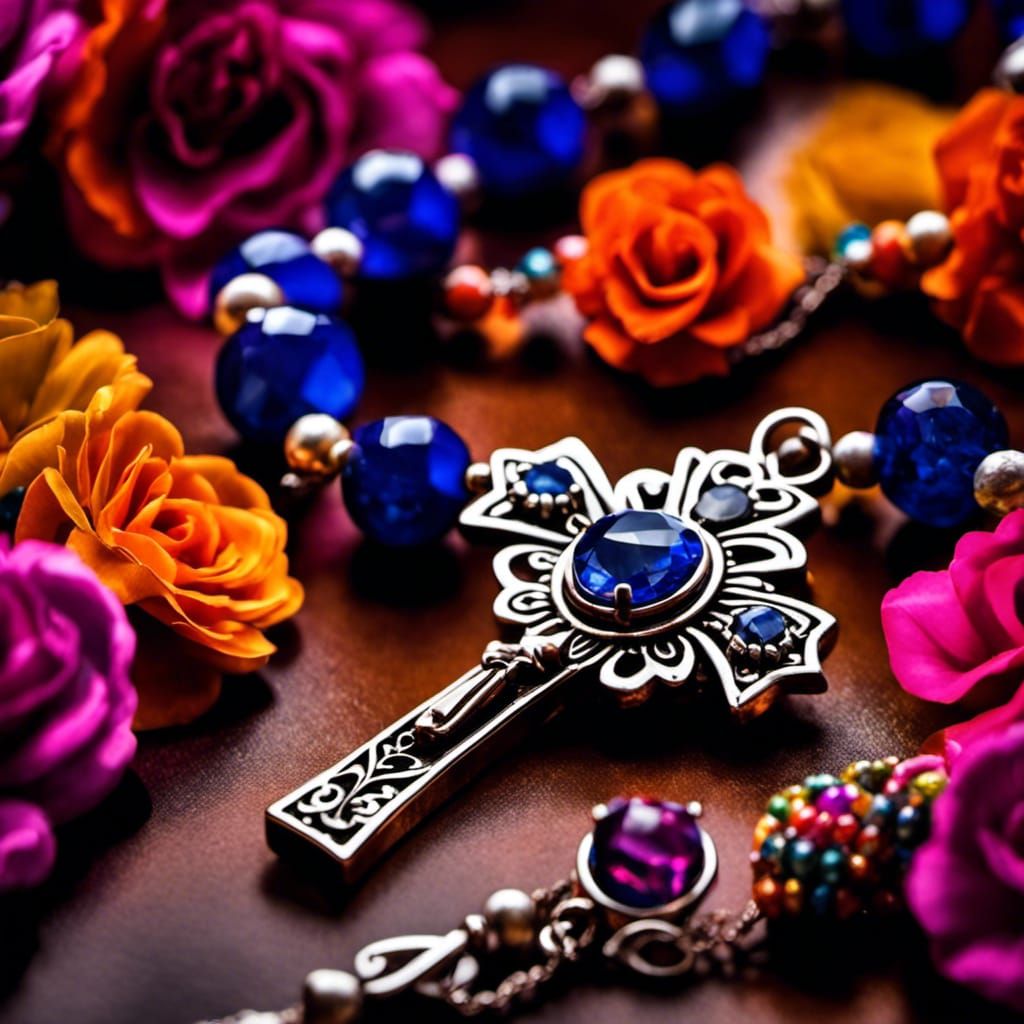 Sapphire Rosary Beads and Day of the Dead Display