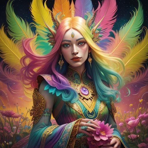 Vibrant Dragon Peacock Woman in Astral Illustration