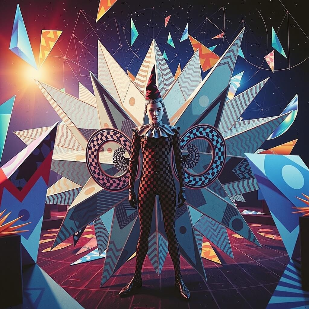 Harlequin Figure in Hypnotic Geometric Maze