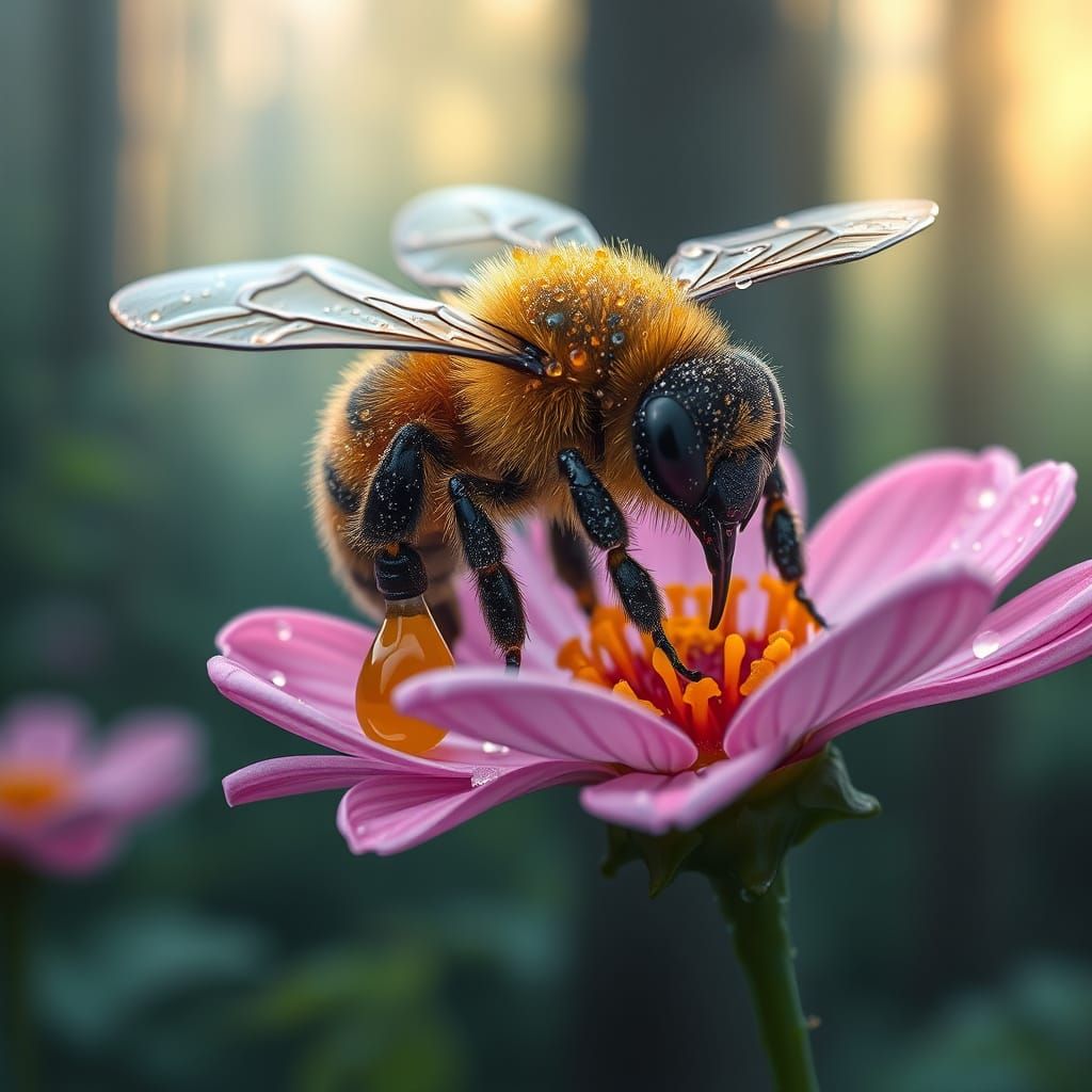 Iridescent Bee Sips Nectar in Atmospheric Forest