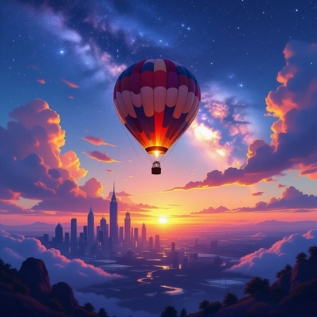 Futuristic Cityscape with Air Balloon in Matte Painting Styl...