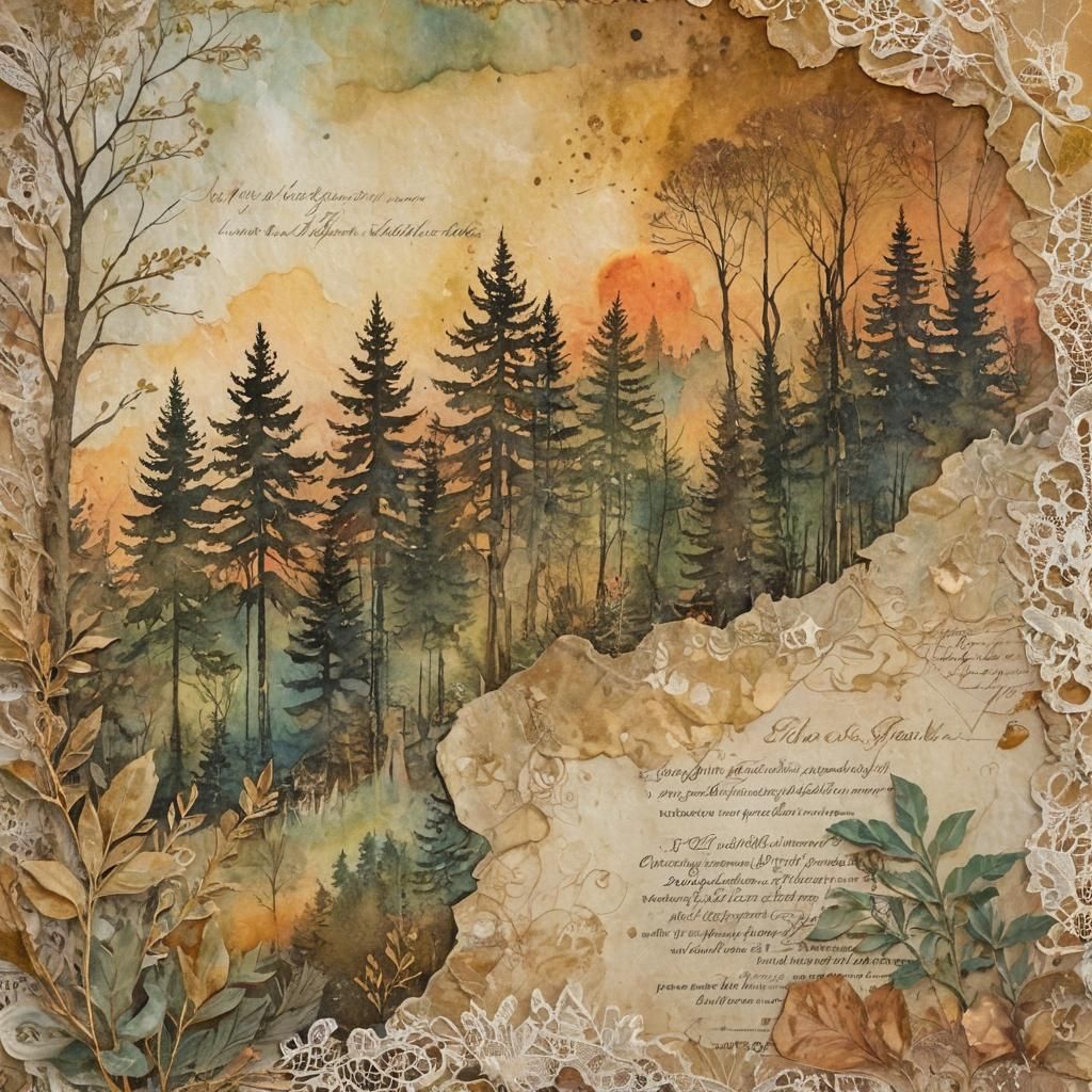 Whimsical Vintage Watercolor Forest Scene