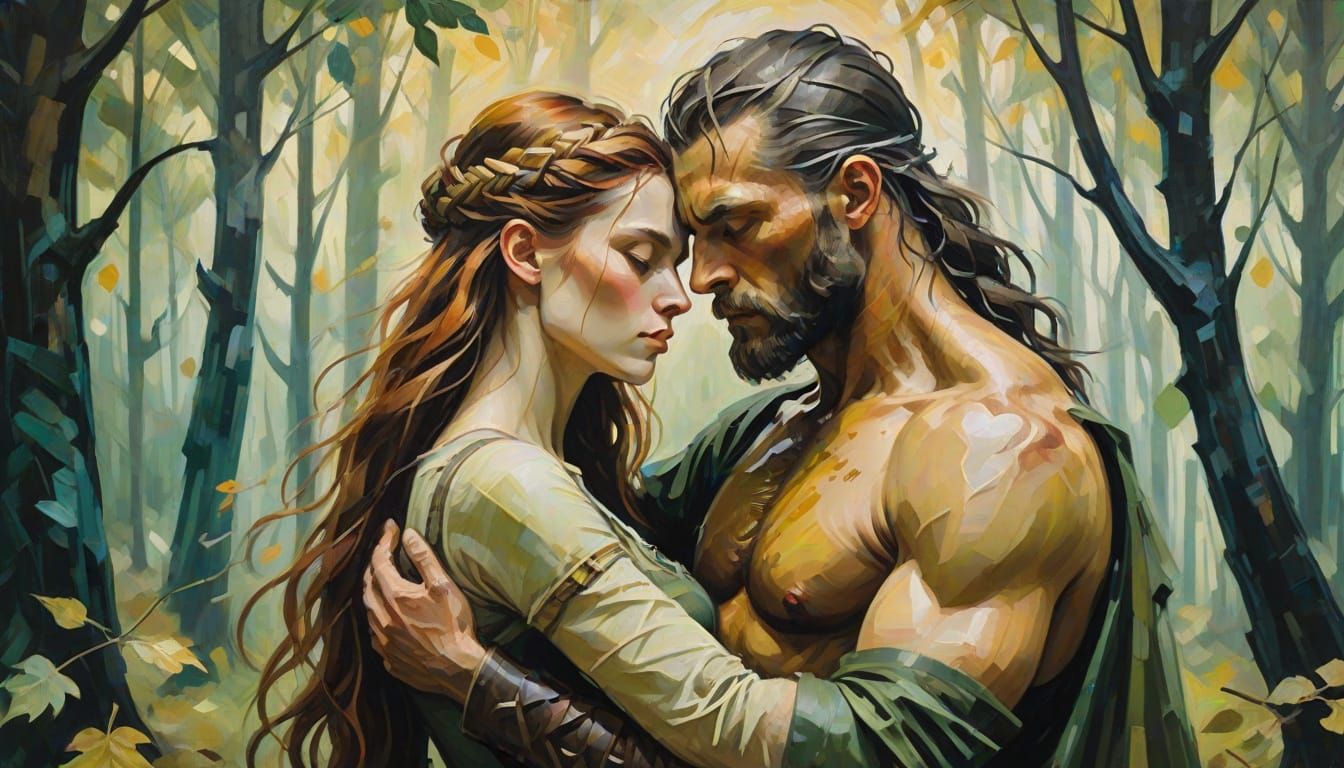 Majestic Warrior Embracing Elegant Woman in Lush Forest