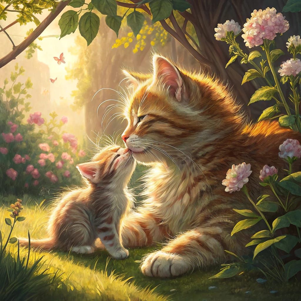 Serene Kitten in Sunlight: An Oil Painting