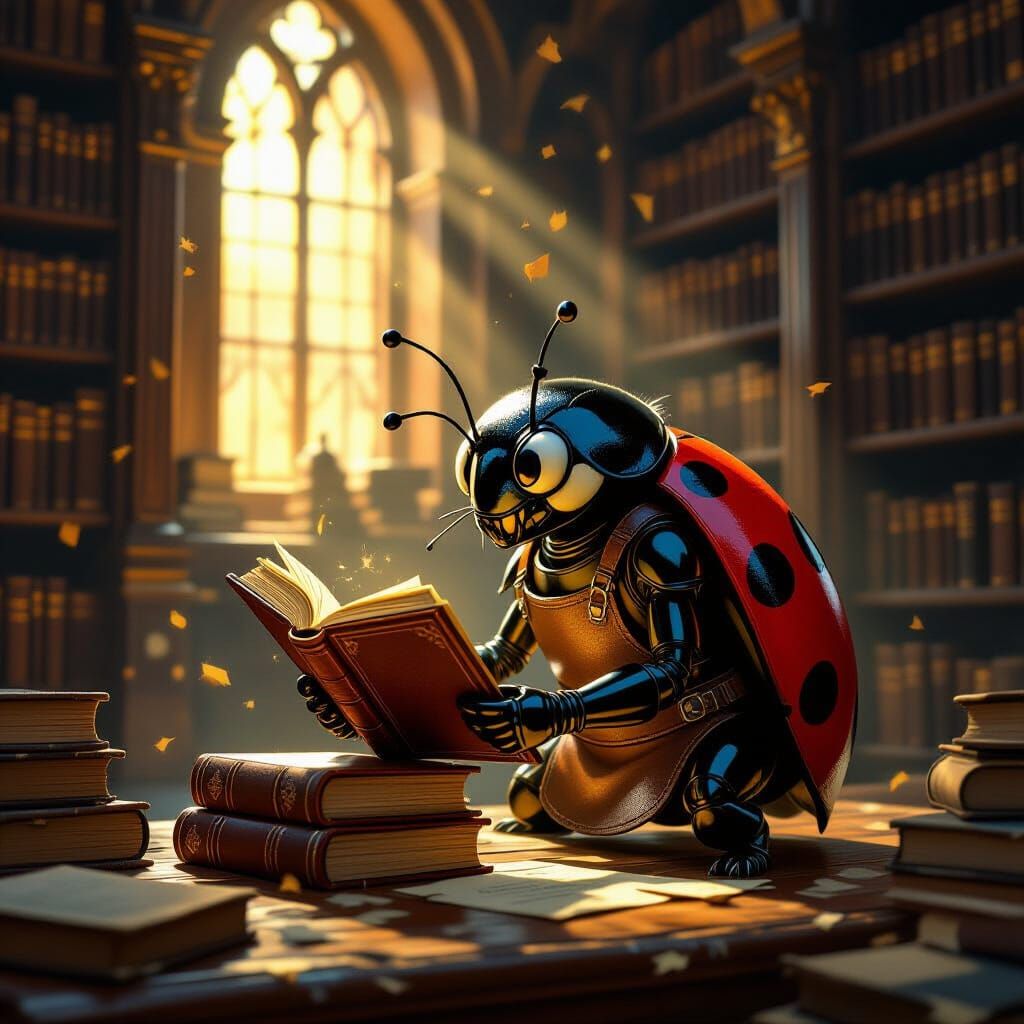 Ladybug Scholar Studies Ancient Book in Dim Library