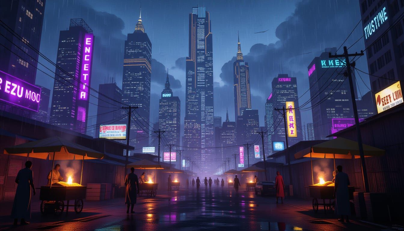 African Metropolis at Night with Neon Lights