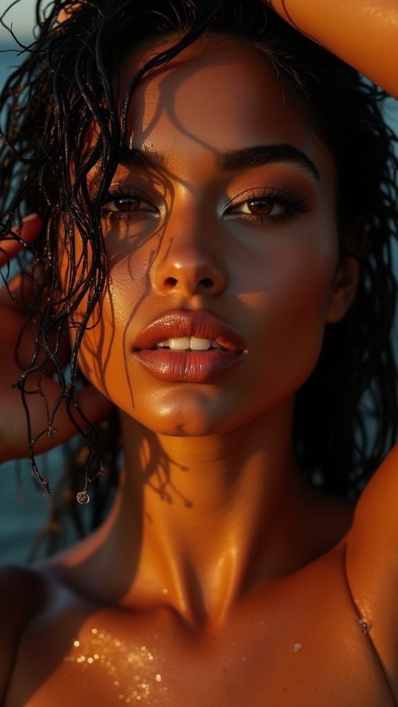 Striking Portrait of a Woman with Wet Hair and Glowing Skin