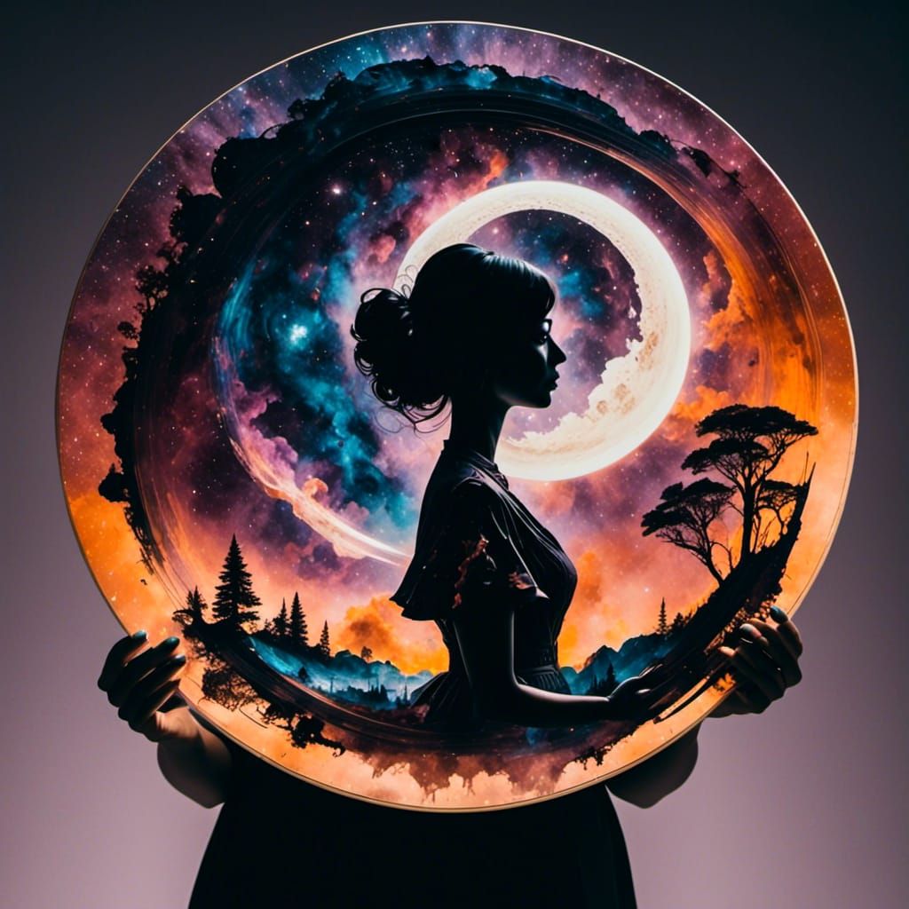 Silhouette with Vinyl Record in Moonscape