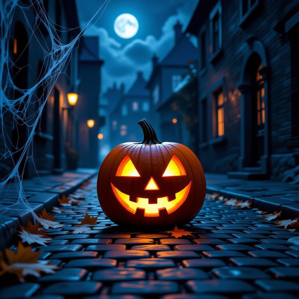 Spooky Jack-o'-Lantern on Cobblestone Street