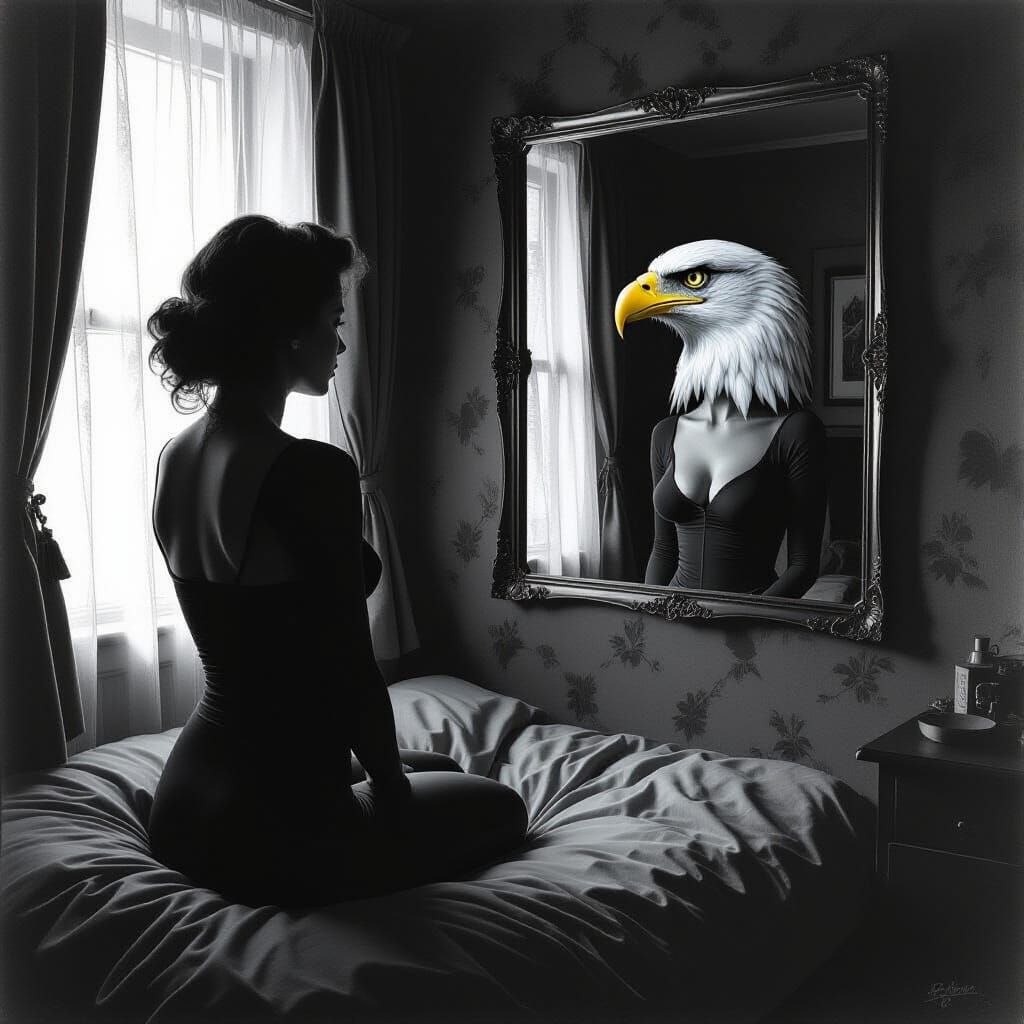 Distorted Woman and Hybrid Creature in Bedroom Charcoal Draw...