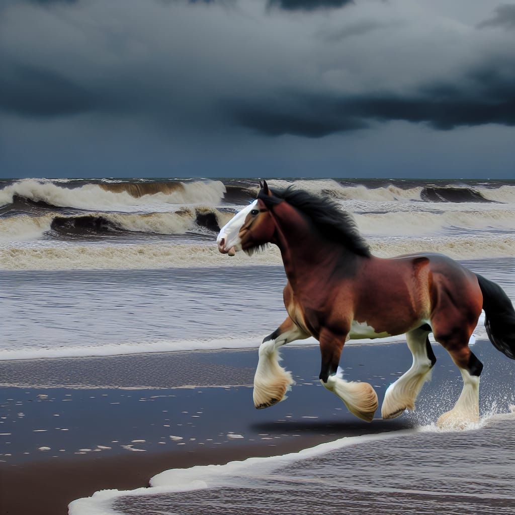 Clydesdale Horse Galloping Through Surf at Sunset