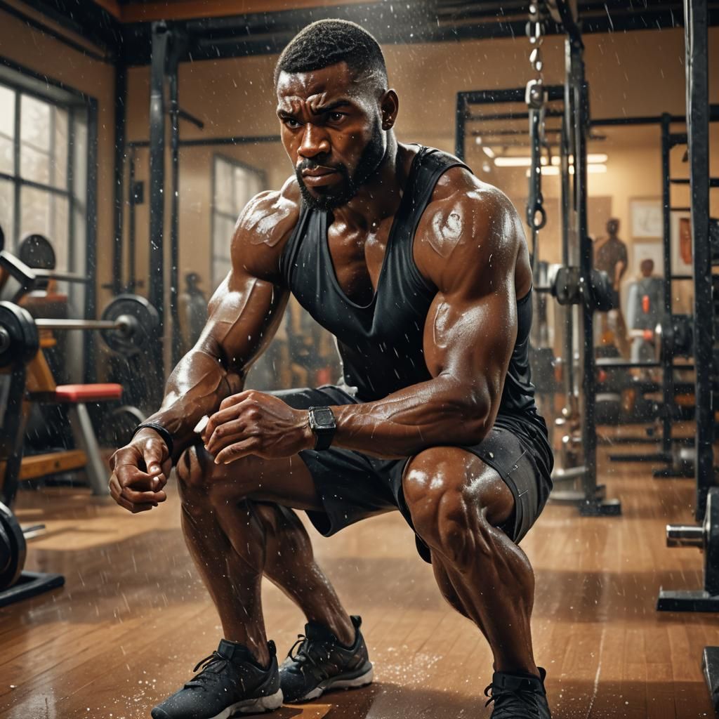 Muscular Man Squatting in Gym: Photorealistic Digital Art