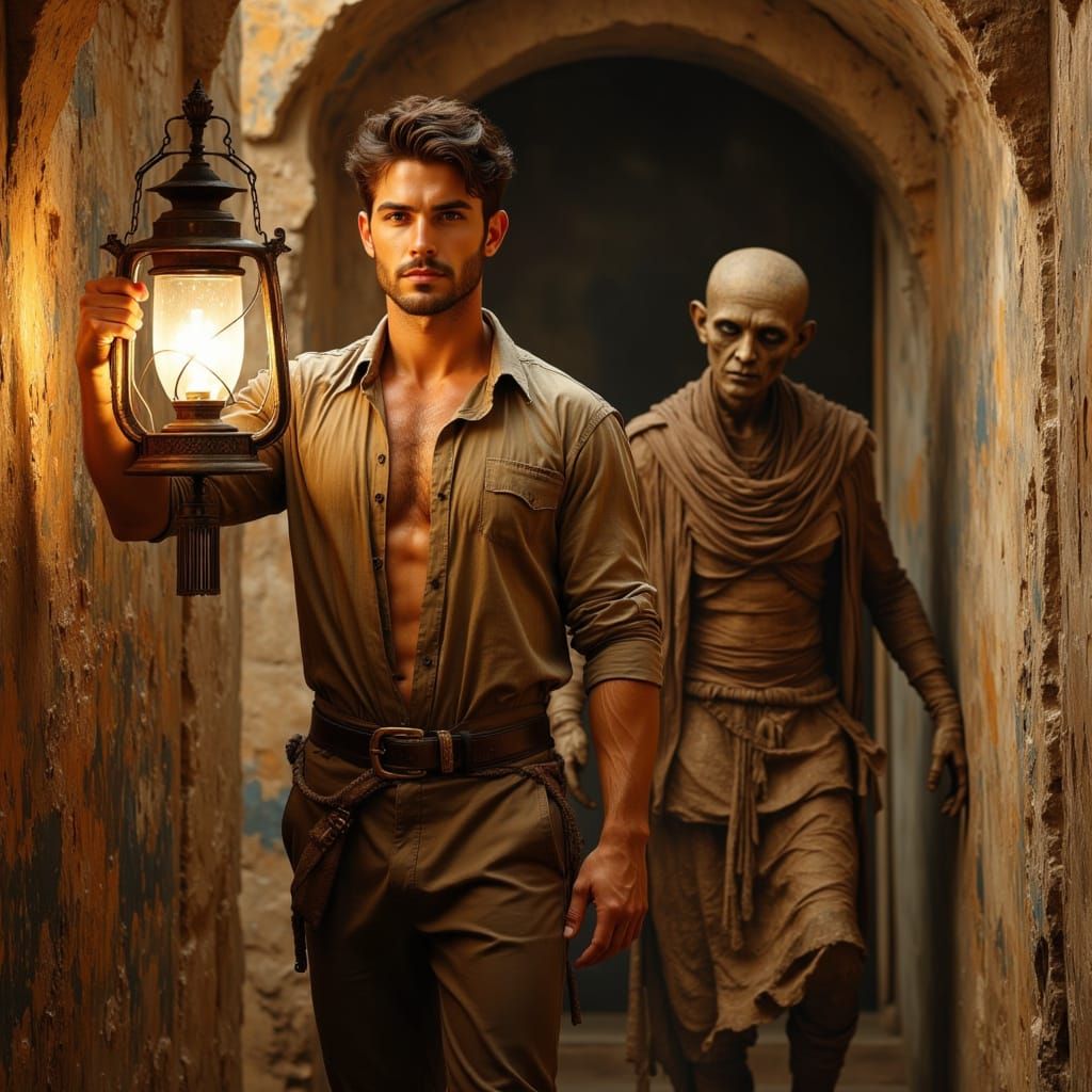 Egyptian Tomb: Mummy Awakens in Dark Oil Painting Style