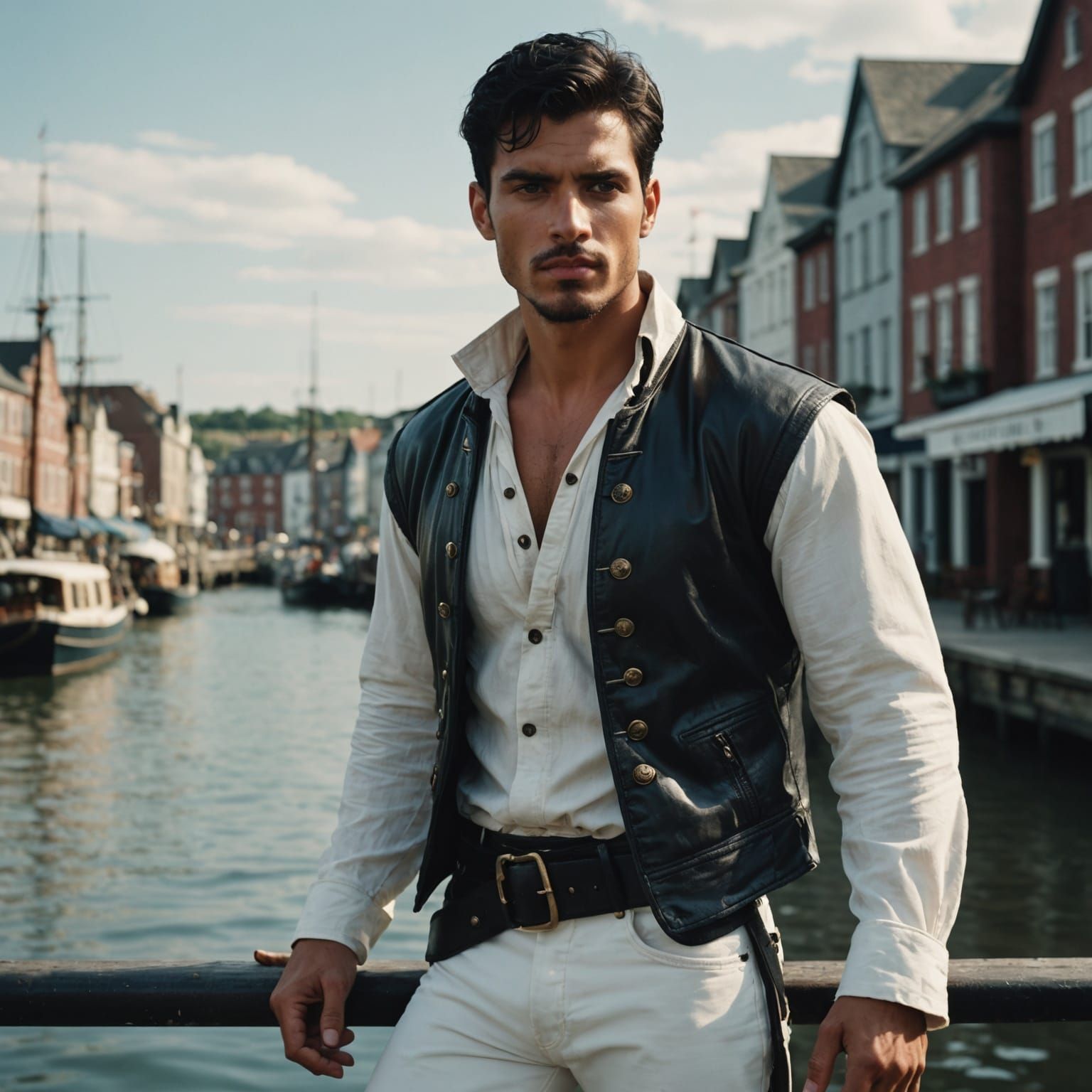 Handsome Pirate in Waterfront Town: Cinematic Film Still