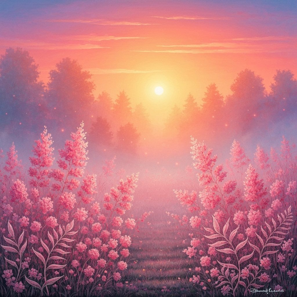 Madhubani Painting of Ethereal Pink Fantasy Vegetation