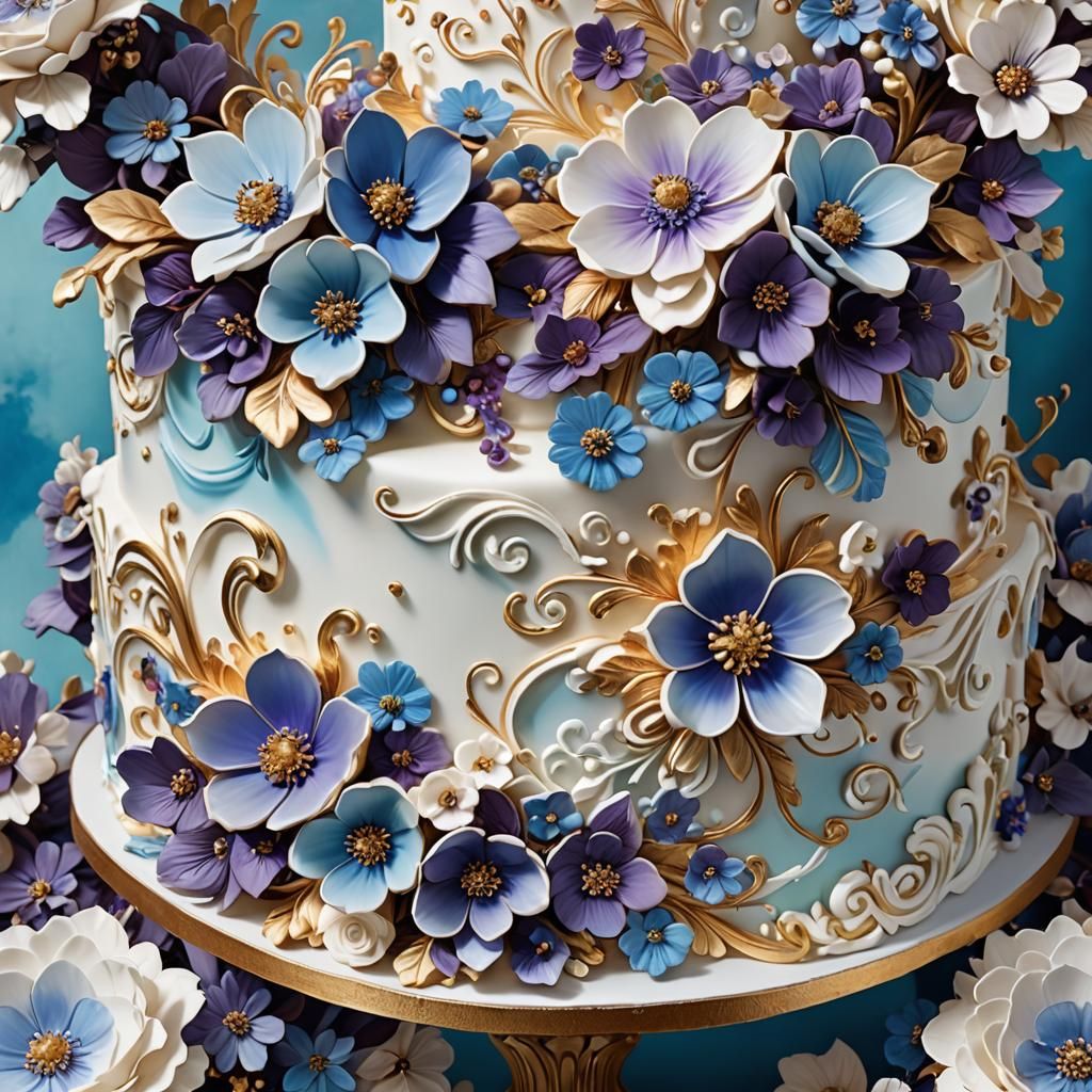 Ornate Cake with Sugar Flowers as Digital Oil Painting