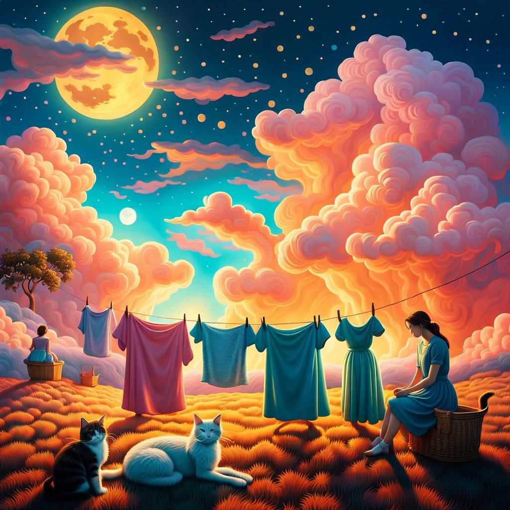 Fairies Washing Clothes on Clouds: A Surreal Dreamscape