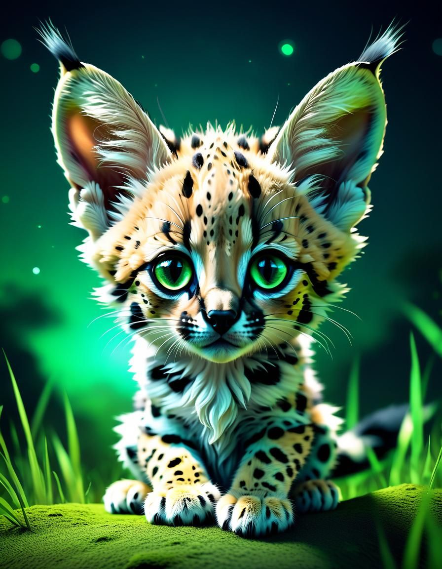 Moonlit Chibi Serval Kitten in Detailed Digital Art