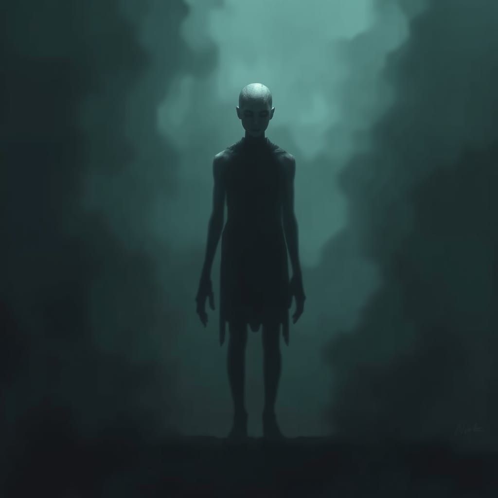 Eerie Humanoid Figure in Dark, Muted Tones