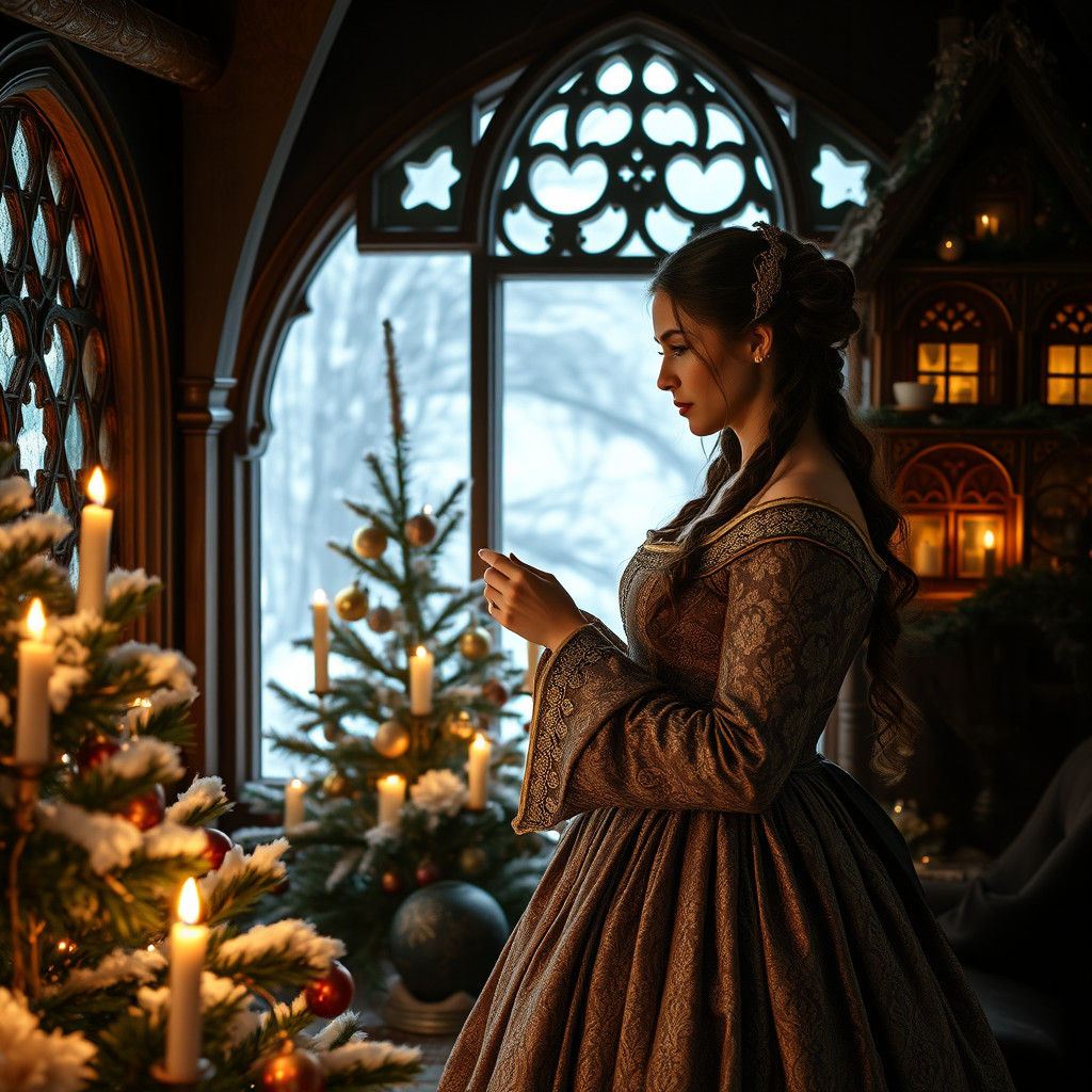 Hyperrealistic Woman Decorating Christmas Tree in Medieval H...