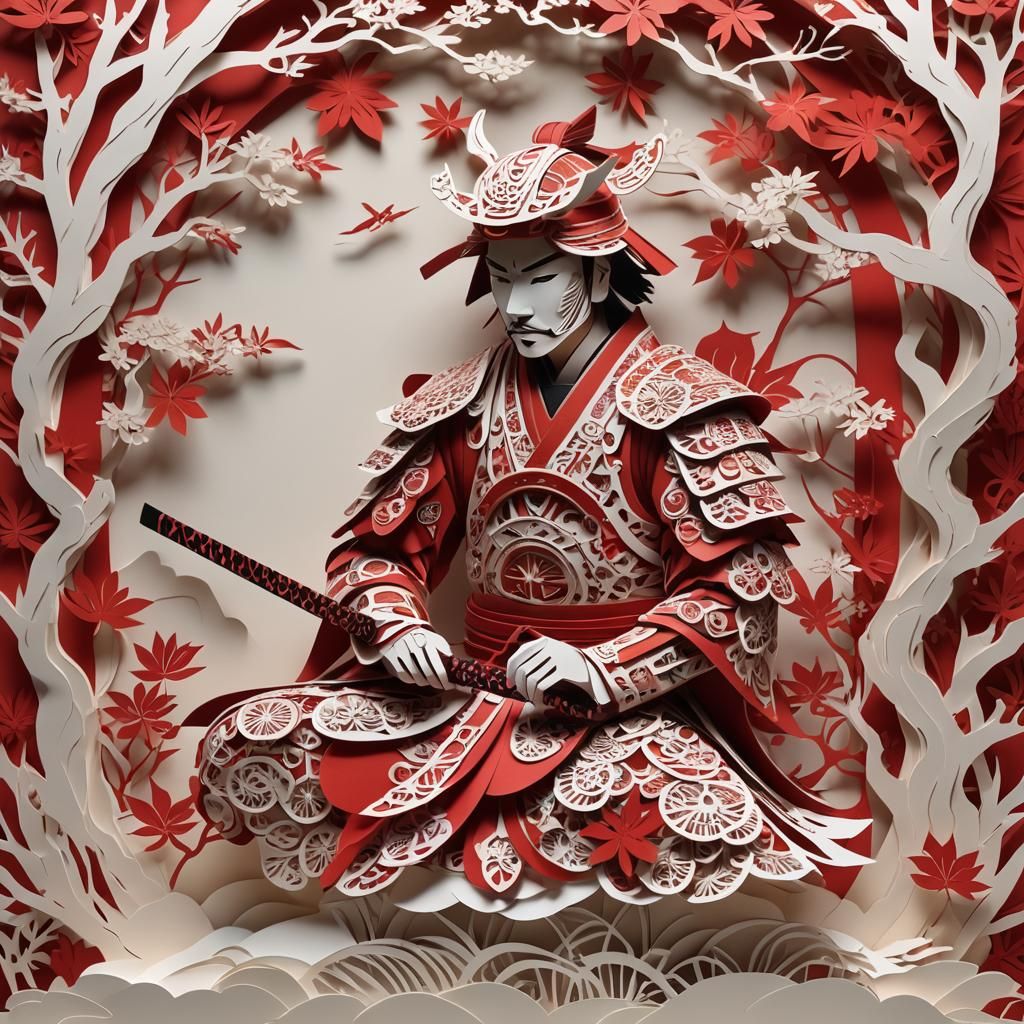 Paper cut: Samurai sits in a meditative pose #01