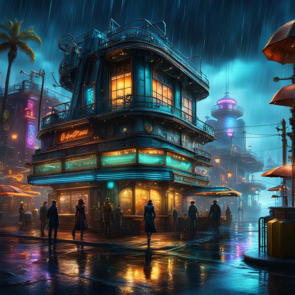 Steampunk Los Angeles Seaside at Night
