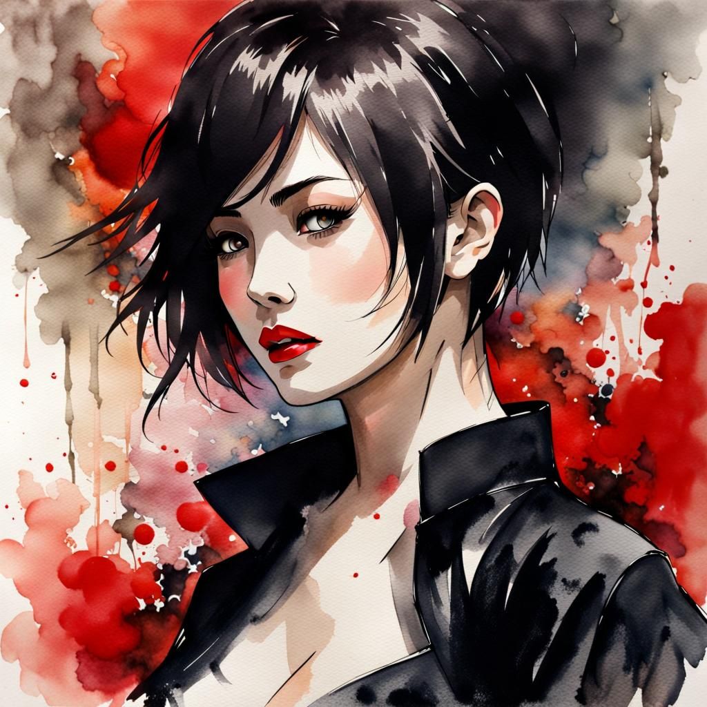 Hazel-Haired Japanese Beauty in Watercolor Gothic Art