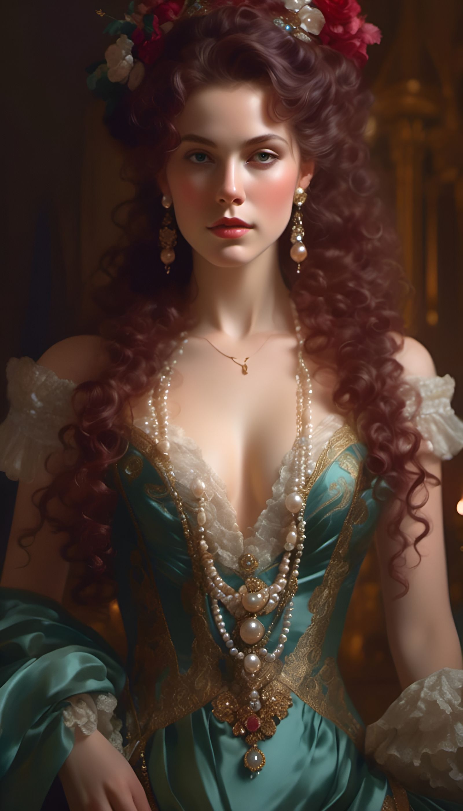 Rococo Lady in Pearls and Gems: Hyperdetailed Portrait