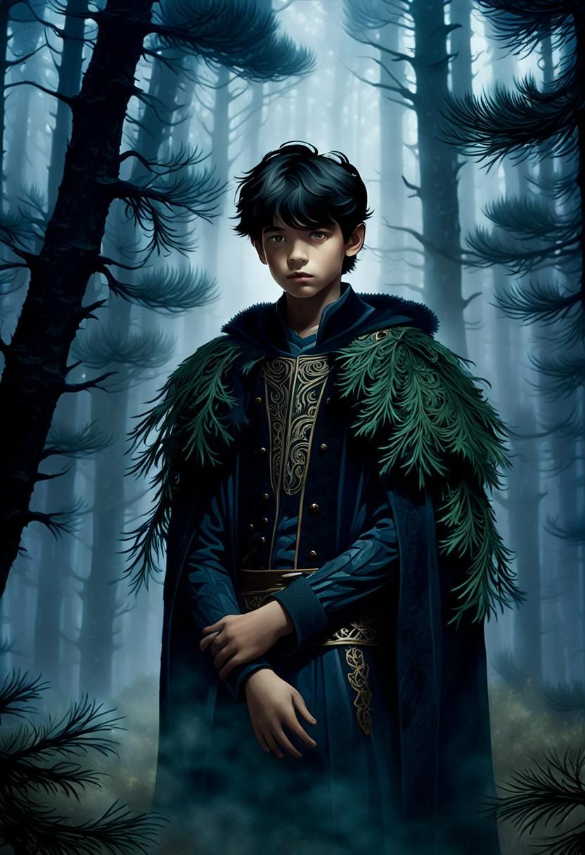 Raven-Haired Boy in Misty Forest, Art Nouveau Style