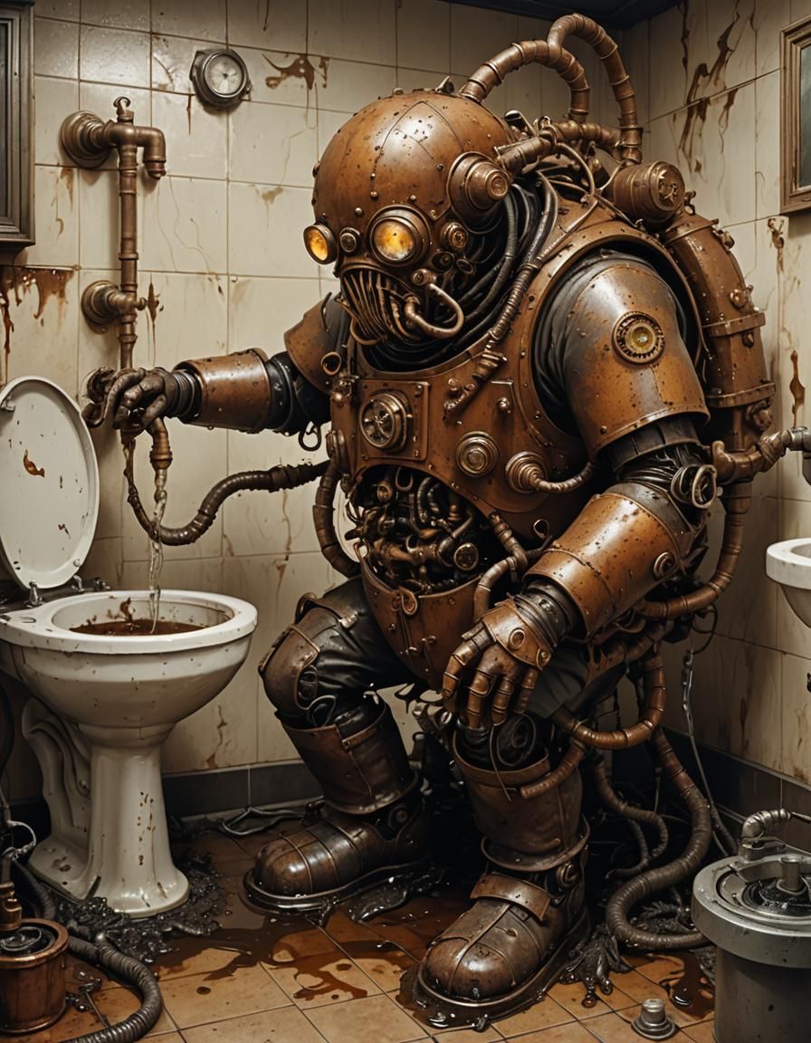 Steampunk Robot Wrestles Tentacled Alien in Filthy Bathroom