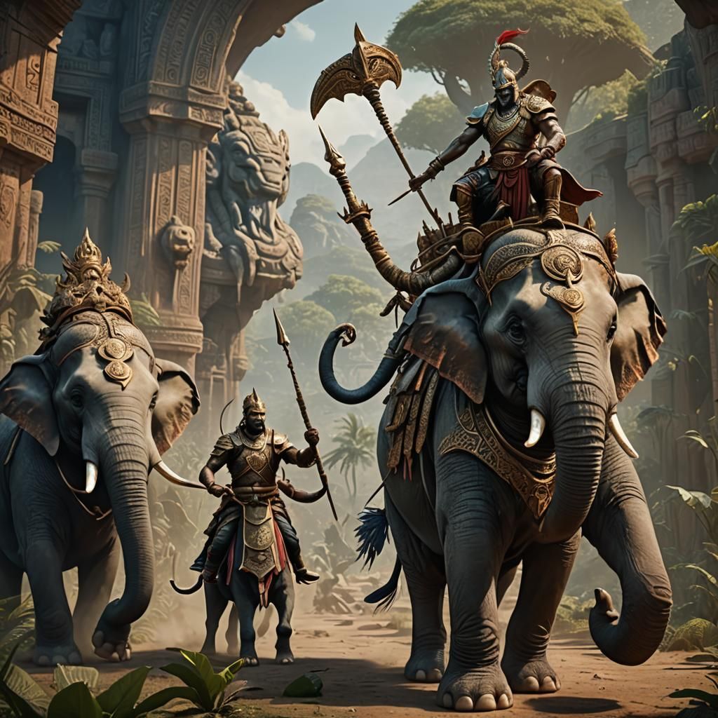 Warrior Rides Cobra-Trunk Elephant: Fantasy Art