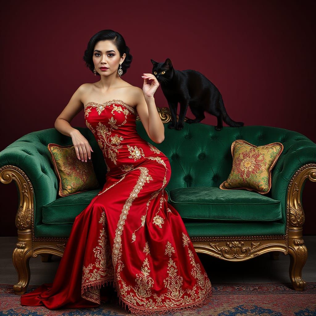 Elegant Woman in Crimson Gown Posing on Velvet Sofa