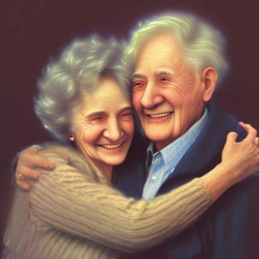 Beautiful elderly couple happily hug each other head and sho...