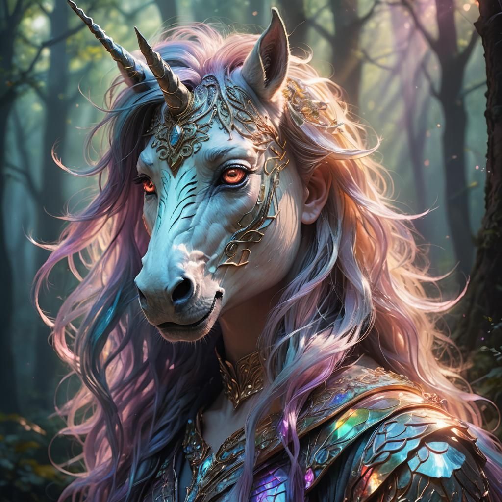 Mystical Unicorn Lover in Iridescent Forest