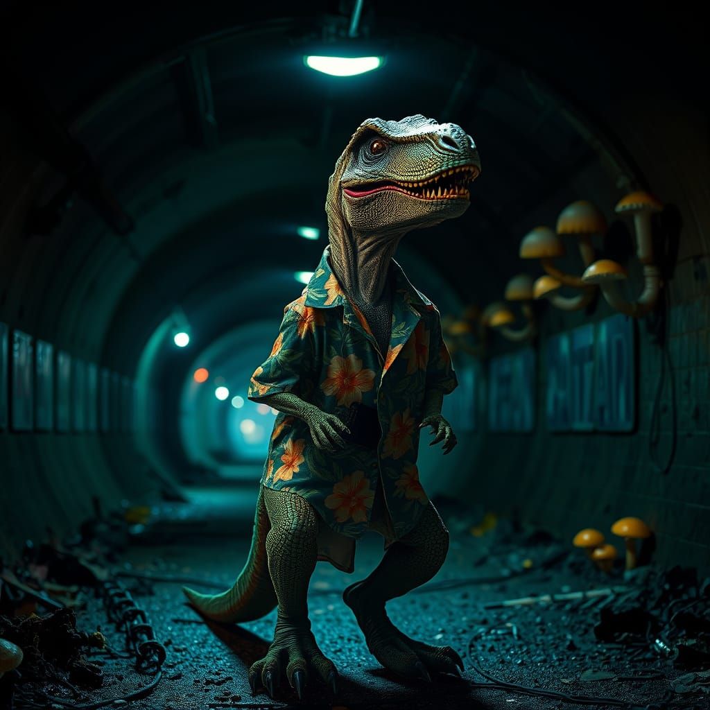 Humanoid Velociraptor in Sewer, Eerie Ambiance