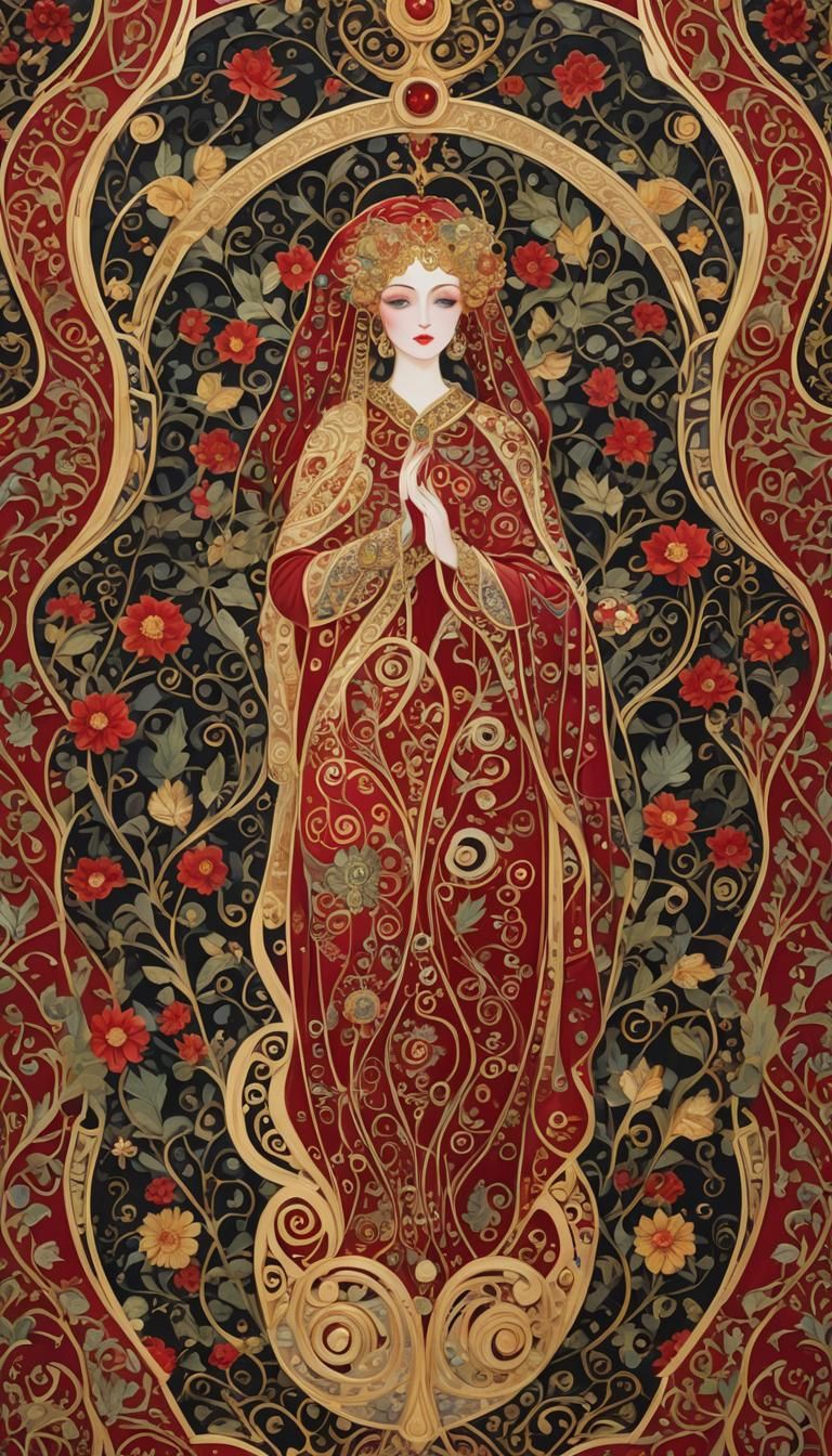 Crimson Number Seven in Klimt-Inspired Art Deco Style