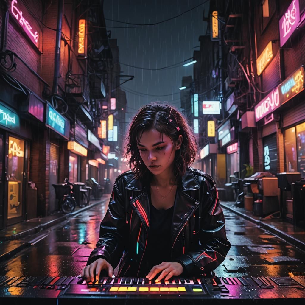 Neon Noir Synth Musician in Rainy Alley