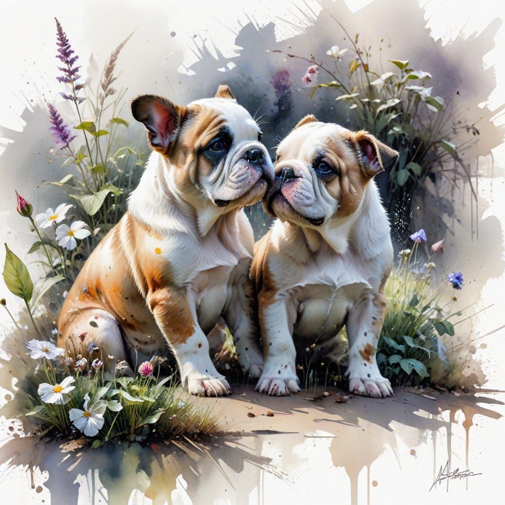 Cute Bulldog Pups Playing in Garden
