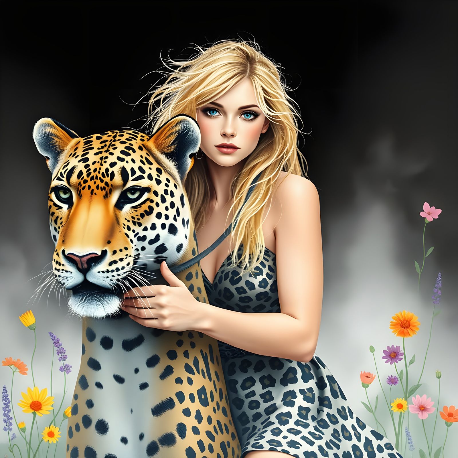 Elegant Woman Rides Leopard in Dreamy Forest Scene